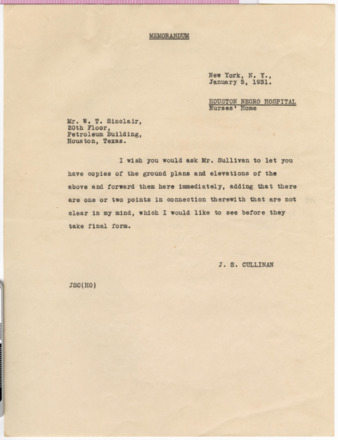 Memorandum from J. S. Cullinan to W. T. Sinclair, 1931 January 5