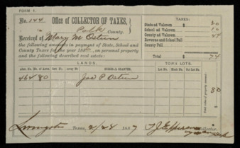 Receipt No. 144 for payment of state, school, and county taxes for $74, 1887
