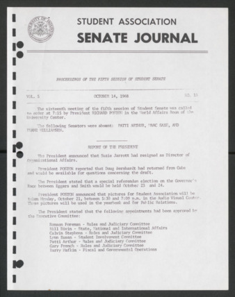 Senate Journal, Fifth Senate, University of Houston Student Government Association, Minutes, Vol. 5, No. 16, October 14, 1968