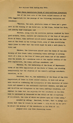 What Texas Legislators Think of Anti-Suffrage Literature