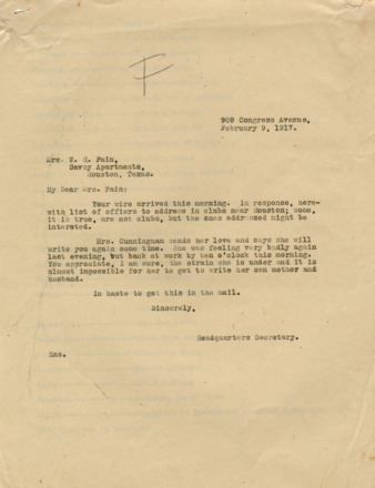 Letter from the Headquarters Secretary to Mrs. W. H. Fain