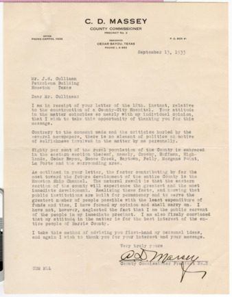 Letter from C. D. Massey to J. S. Cullinan, 1933 September 13