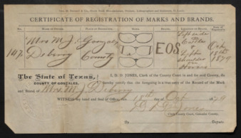 Certificate of registration of marks and brands for Mrs. M. J. Deberry