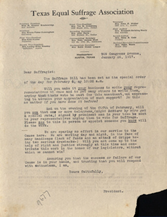 Letter from Minnie Fisher Cunningham to Suffragists, 1917 January 26