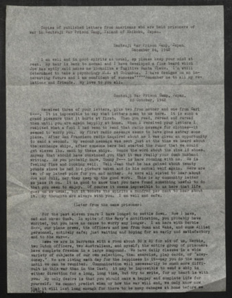 Copies of published letters from Americans who are held prisoners of war in Zentsuji War Prison Camp, Island of Shikoku, Japan