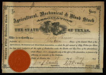 Certificate for 16 shares of capital stock with the Agricultural, Mechanical, and Blood Stock Association