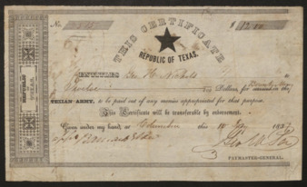 Republic of Texas Black Star pay certificate to George H. Nichols