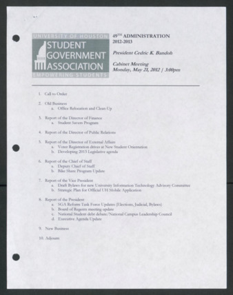 Order of Business [Agenda], Cabinet Meeting of the 49th Administration, May 21, 2012