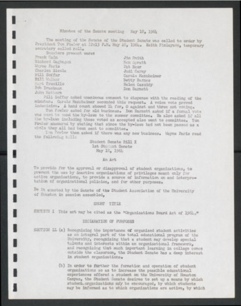 First Senate, University of Houston Student Government Association, Minutes, Seventh Meeting, May 18, 1964