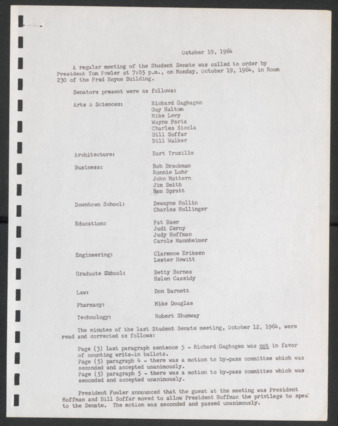 First Senate, University of Houston Student Government Association, Minutes, October 19, 1964