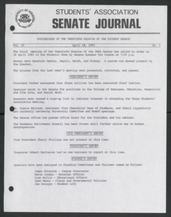 Senate Journal, Twentieth Senate, University of Houston Student Government Association, Minutes, Vol. 20, No. 3, April 18, 1983