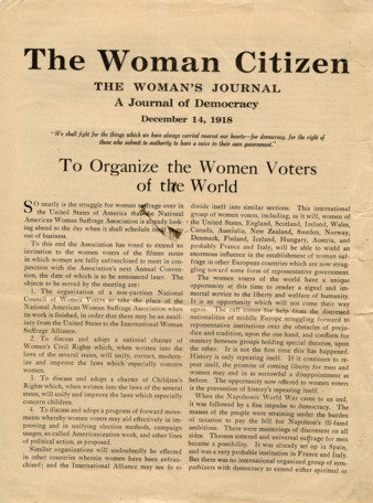 To Organize the Women Voters of the World, article in the Woman Citizen 