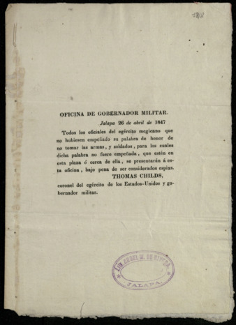 Announcement from Thomas Childs, Military Governor, April 26, 1847