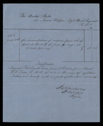 Invoice for 91 days’ worth of rations at 20 cents per day totaling $18.20