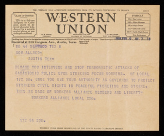 Telegram from the Workers Alliance Local 258 to Governor James V. Allred, 1938 February 9