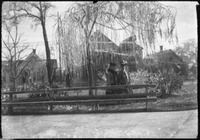 Two women stand in front of an icy tree