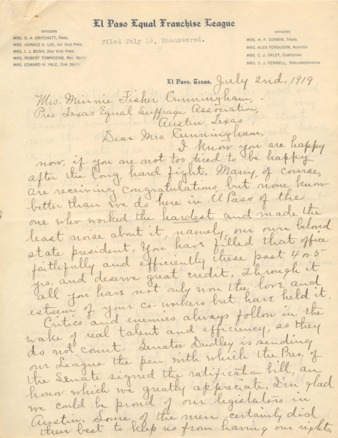 Letter from Belle C. Critchett to Mrs. Minnie Fisher Cunningham