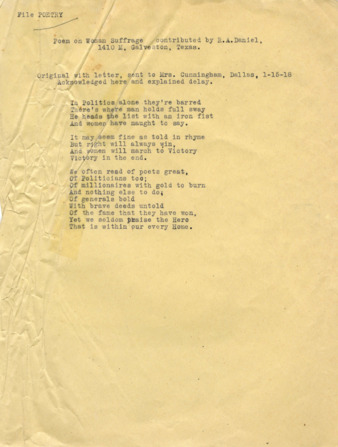 Letter from R. A. Daniel to Minnie Fisher Cunningham, containing poems on Woman Suffrage