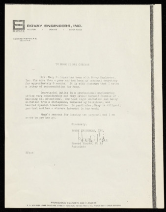 Letter of Reference, Howard Pieper regarding Mary Lopez