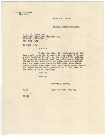Letter from Richard Campbell to J. S. Cullinan, 1929 June 6