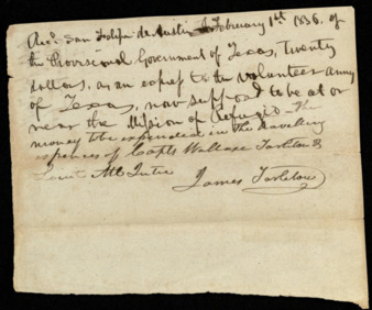 Receipt from James Tarleton to Capt. Wallace Tarleton and Lieutenant McIntire
