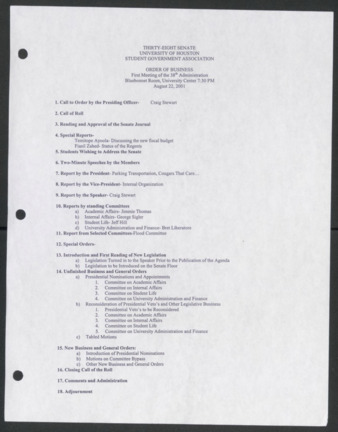 Thirty-eight Senate, University of Houston Student Government Association, Order of Business [Agenda], First Meeting, August 22, 2001