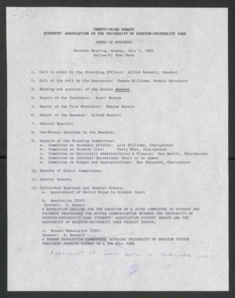 Twenty-third Senate, Students' Association of the University of Houston-University Park, Order of Business [Agenda], Third Meeting, July 7, 1986