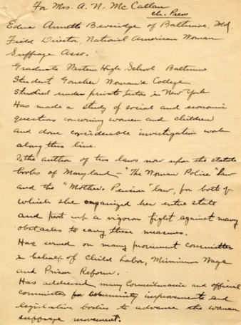 Handwritten biography of Edna Annette Beveridge