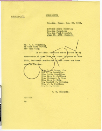 Memorandum from W. T. Sinclair to J. S. Cullinan, 1926 June 28