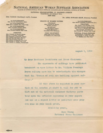 Letter from Rose Young to Mesdames Presidents and Press Chairmen