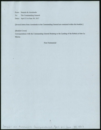 Translation of Letters from Joaquín de Arredondo to Commanding General, 1817 April 21 - June 30