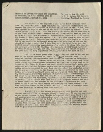 Exchange of Information Sheet for Relatives of Personnel on U.S.S. Houston, Lost in Sunda Straits, February 28, 1942. Revised to May 10, 1944