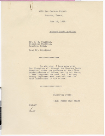 Letter from Peter Gray Sears to J. S. Cullinan, 1929 June 18