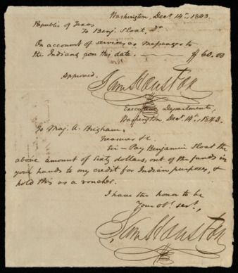 Letter from Sam Houston to Asa Brigham authorizing him to pay Benjamin Sloat