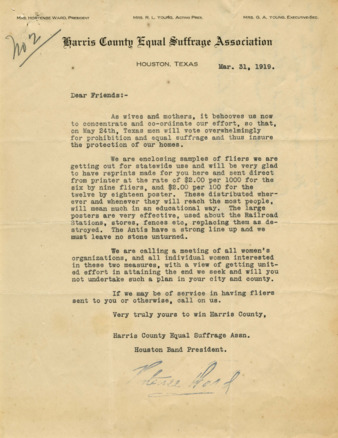 Letter from Mrs. Hortense Ward, enclosed with sample fliers for statewide use