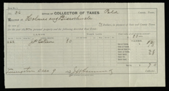 Receipt for taxes paid by Holmes and Bienschwall on land originally owned by J. P. Osteen