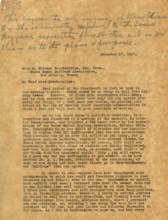 Letter from the Headquarters Secretary to Miss M. Eleanor Brackenridge, Hon. Pres., Texas Equal Suffrage Association