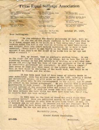 Letter from Minnie Fisher Cunningham to Suffragist, explaining Germany's decision to set up military despotism