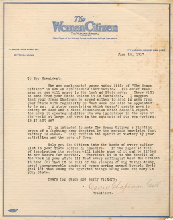 Letter from Carrie Chapman Catt to the President, urging organizers at the state level to report activities to a new journal titled "The Woman Citizen"