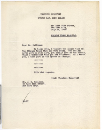 Letter from Theodore Roosevelt to Mr. Cullinan, 1926 July 16
