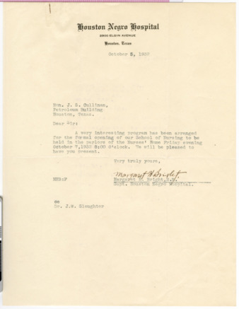 Letter from Margaret H. Bright to J. S. Cullinan, 1932 October 5