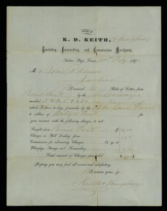 Receipt for 6 bales of cotton from Keith & Vaughan to William Adams