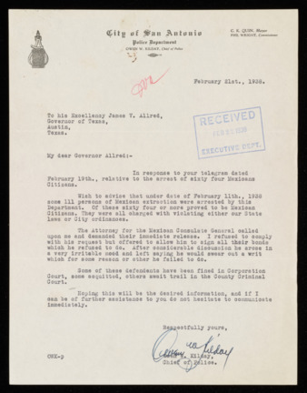 Letter from Owen W. Kilday to Governor James V. Allred, 1938 February 21