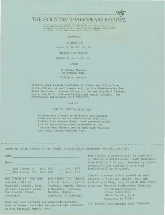 Houston Shakespeare Festival, 1985 Picnic in the Park flier
