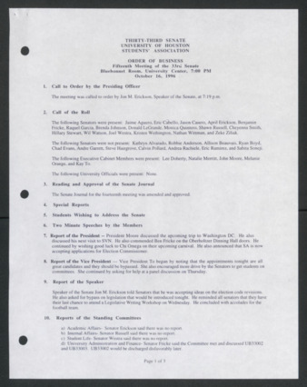 Thirty-third Senate, University of Houston, Students' Association, Order of Business [Minutes], Fifteenth Meeting, October 16, 1996