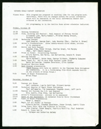 Seventh World Fantasy Convention, Schedule
