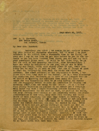 Letters exchanged between Minnie Fisher Cunningham and A. L. Guerard, concerning domestic duties that conflict with political duties 