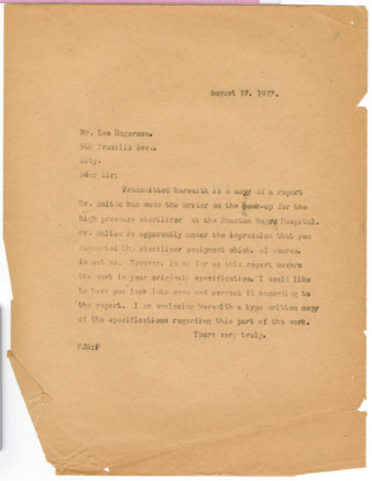 Letter from M. J. Sullivan to Lee Rogerson, 1927 August 17