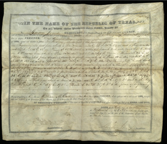 Land grant signed by Anson Jones granting Cook one-third of a league of land