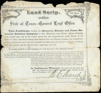 Certificate granting 640 acres of land to the Missouri, Kansas and Texas Extension Railway